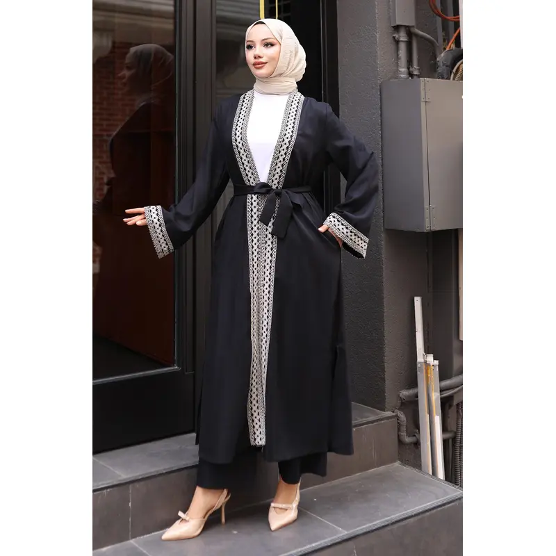 Ethnic Patterned Kimono Suit Black Msw19251-1