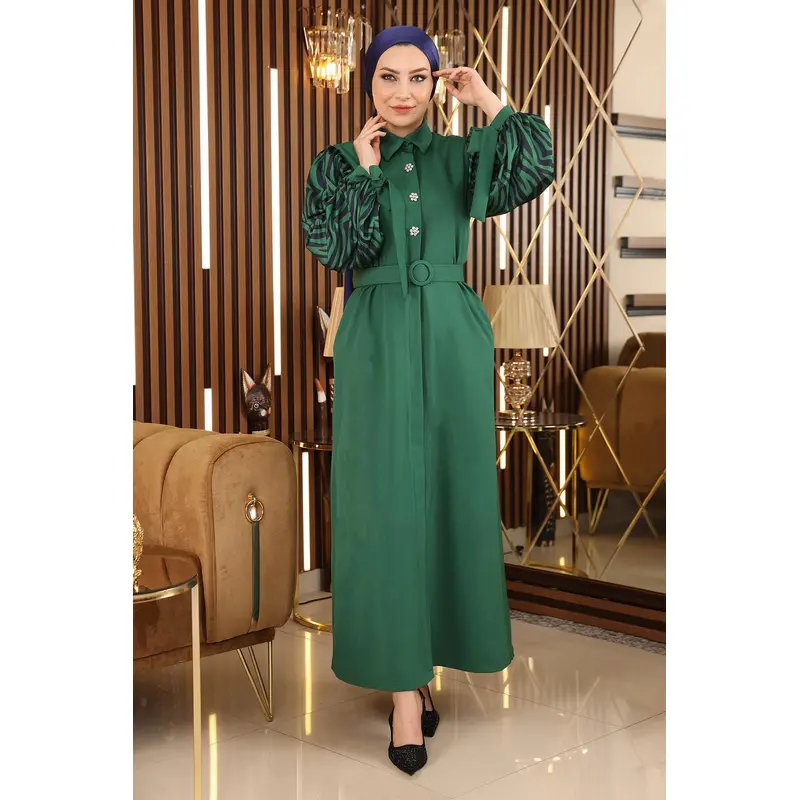 Stone Detailed Patterned Abaya Emerald Msw19127