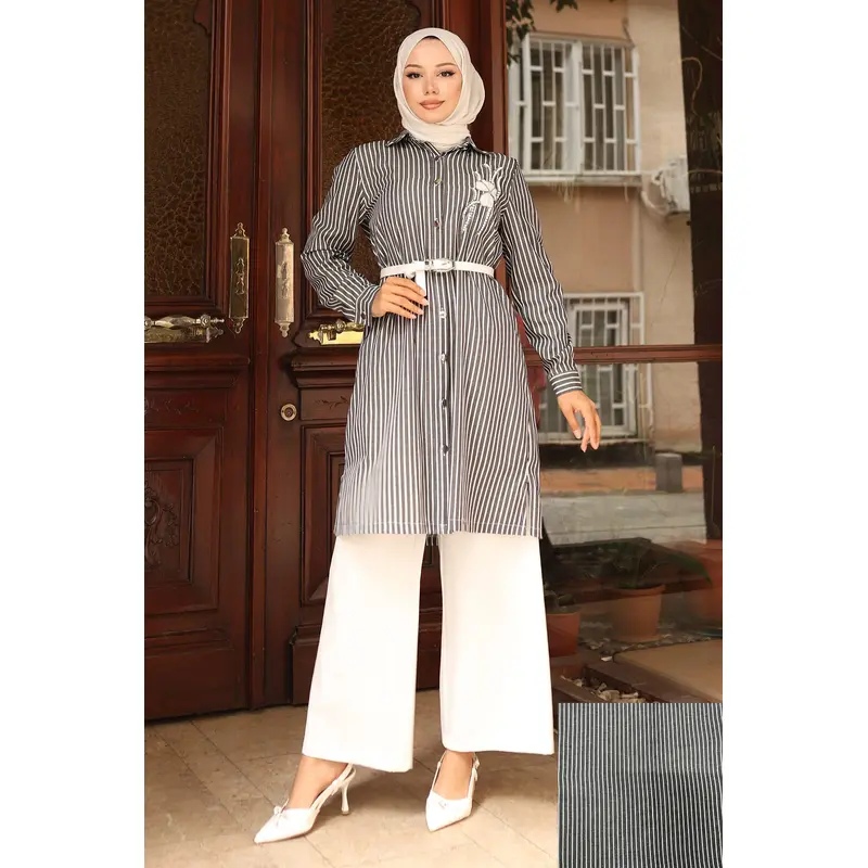 Striped Embroidery Detailed Suit Black 19261