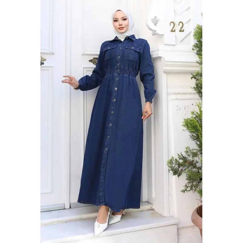 Elastic Waist Denim Abaya Dark Blue Msw19228-2