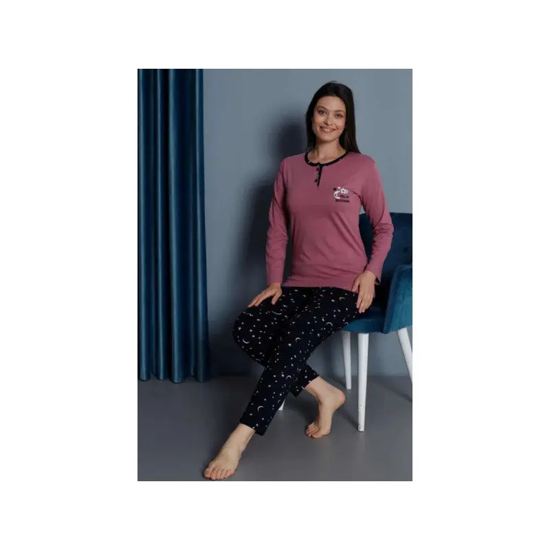Star Embroidered Long Sleeve Pajama Set Dusty Rose Color