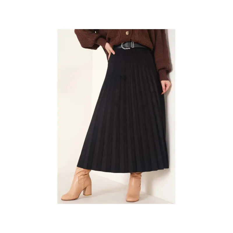 Pleated Suede Skirt Black