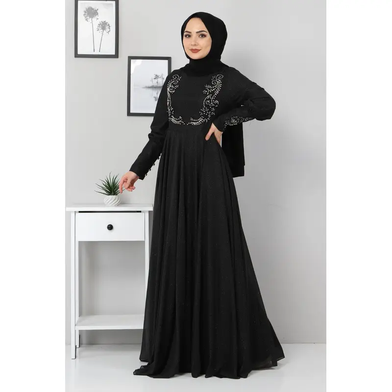 Lace Detailed Glittery Evening Dress Black 10755