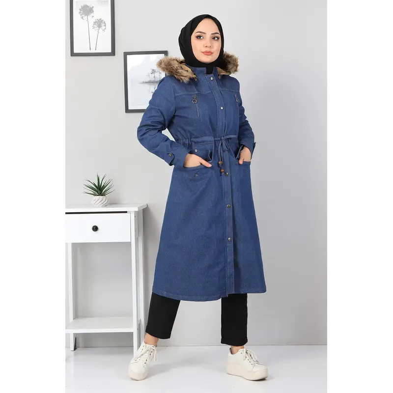Zipper Detailed Denim Coat Blue 9735