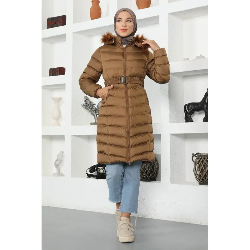 Fur Hooded Puffer Coat Tan 9467