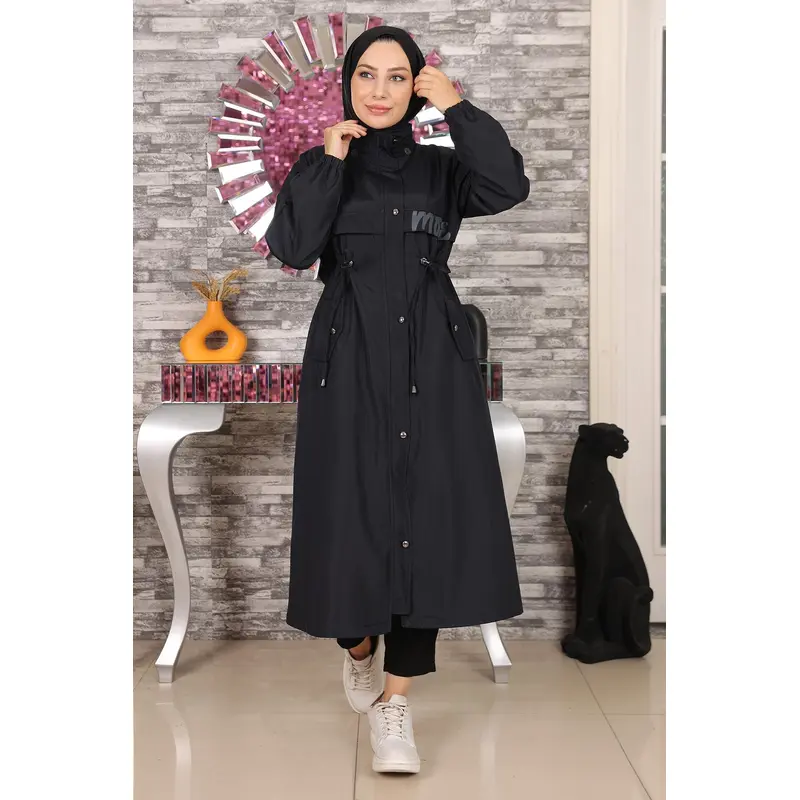 Hooded Coat With Text Detail Navy Blue 15900
