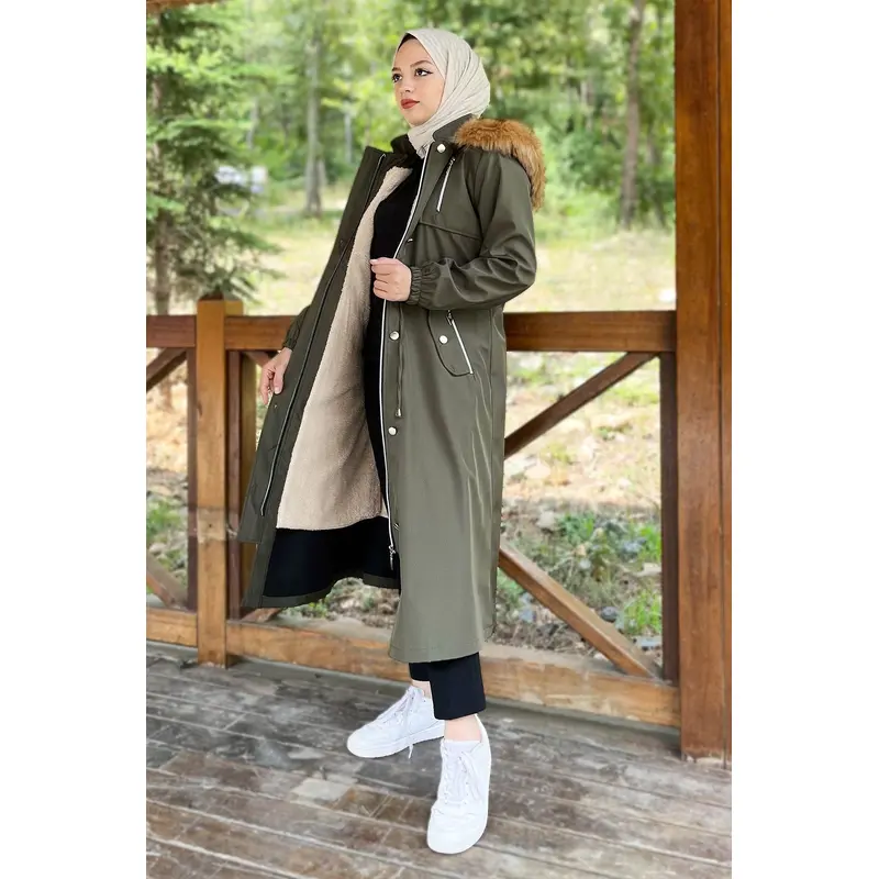 Hooded Zippered Coat Khaki 10349