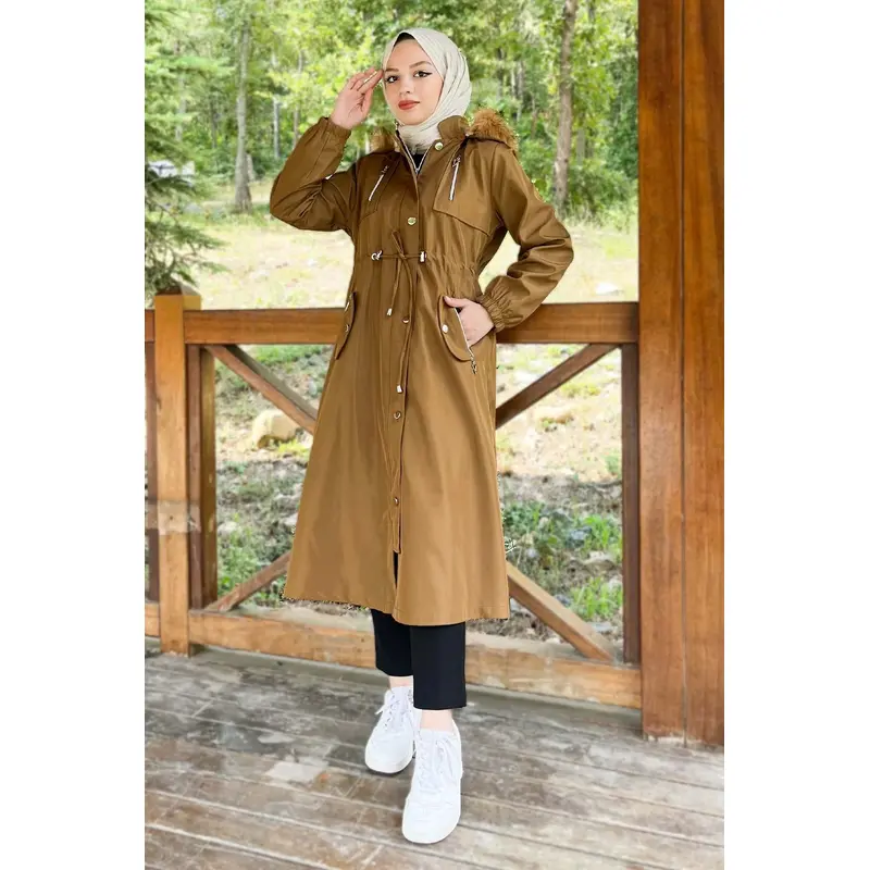 Hooded Zippered Coat Tan 10349