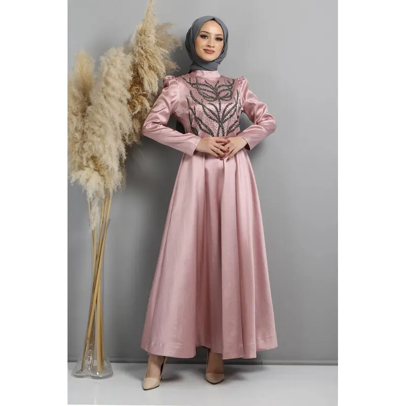 Stoned Burnt Patterned Evening Dress, Dusty Rose 11404