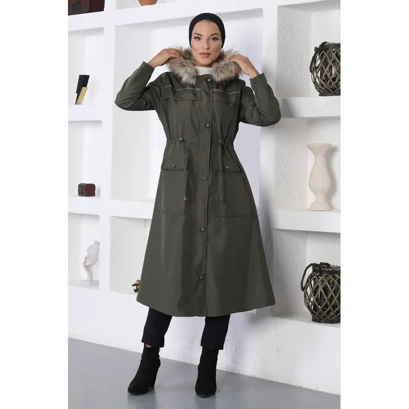 Stripe Detailed Coat Khaki 10360