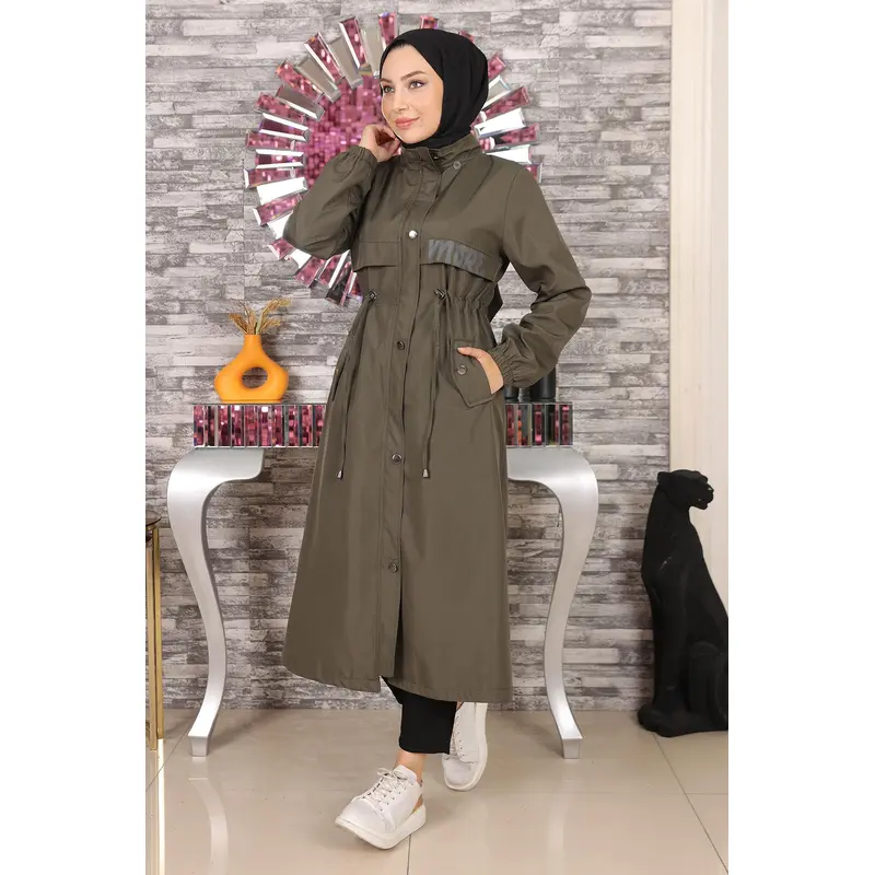 Text Detailed Hooded Jacket Khaki 15900