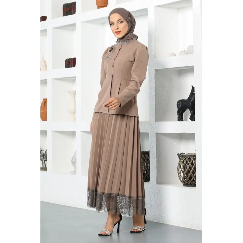 Lace Detailed Skirt Suit Mink 17100