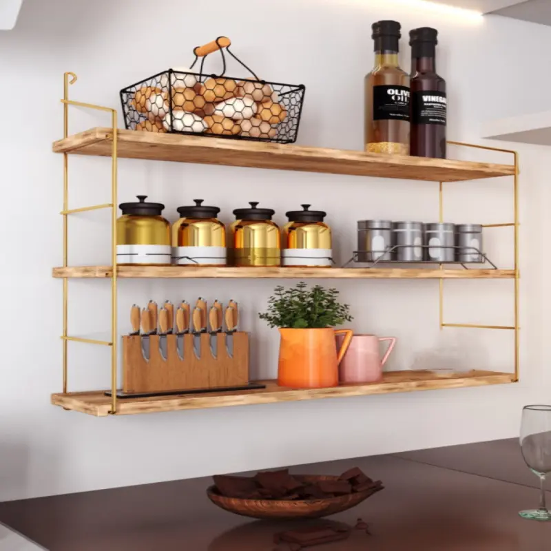 3-Piece Wall Shelf  Solid Wood with Golden Stainless Steel Plating, Decorative Kitchen and Bathroom Rack, Bookshelf