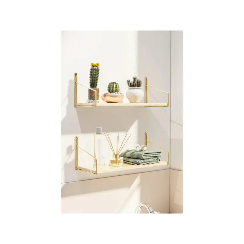 Wall Shelf  Solid Wood With Shiny Gold Plating, 2-Piece Luxury Decorative Bathroom And Kitchen Shelf Set