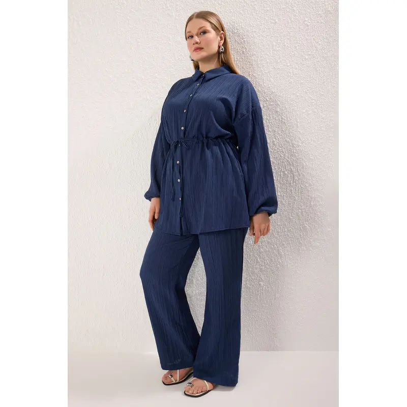 Modest Women's Navy Blue Straight Long Casual/daily Regular Hijab Top - Bottom Set