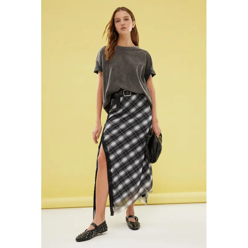Women's Plaid Maxi Flared Slim Skirt