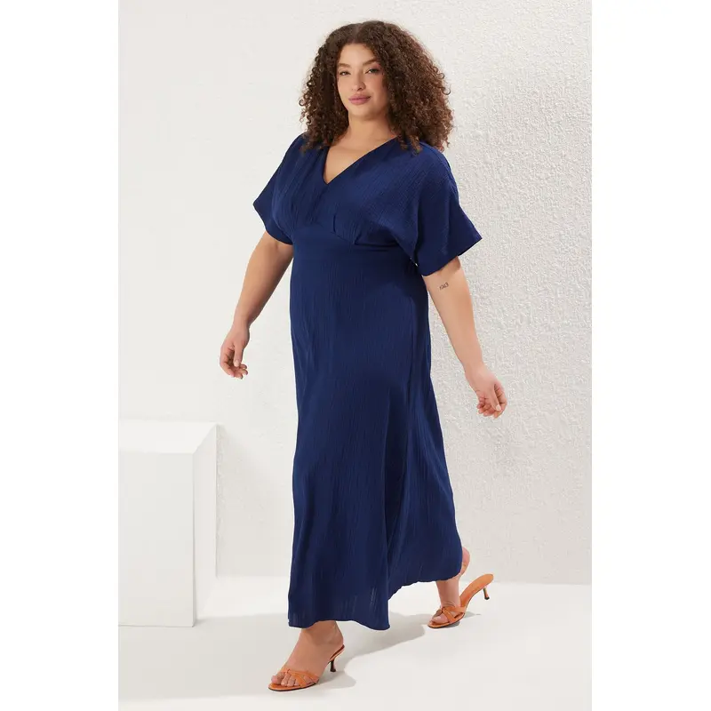 Curve Women's Navy Blue Geblmt Midi Short Casual Oversize Plus Size Dress