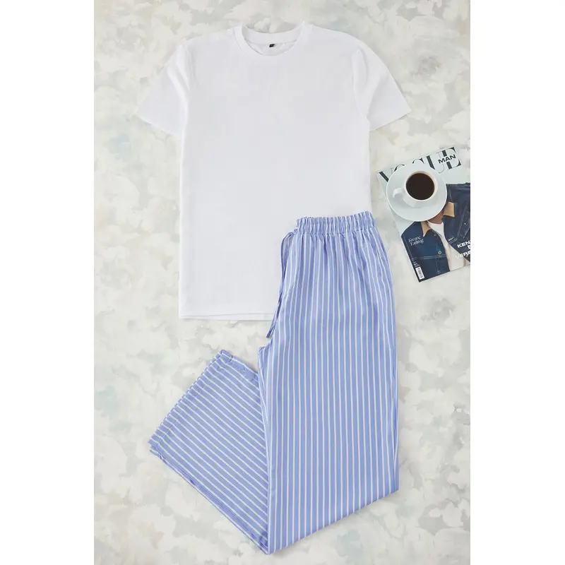 Man Men's Ecru Striped Short Homewear Regular Pajama Set