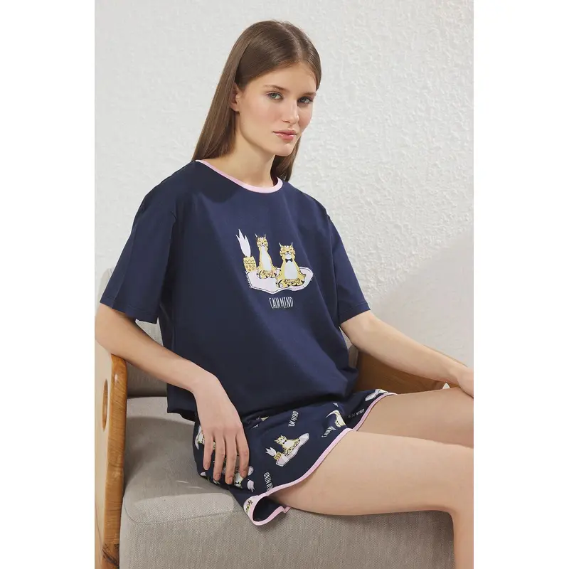 Women's 2 Pack Navy Blue Animals Short Lounge/home Regular Pajama Set