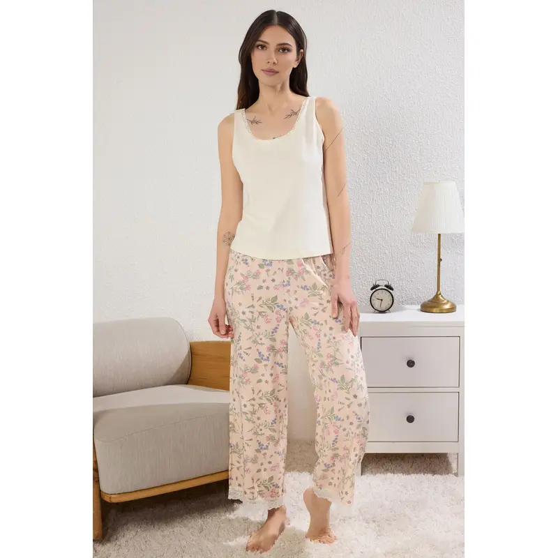 Women's 2 Pack Ecru Flowering Sleeveless Lounge/home Regular Pajama Set