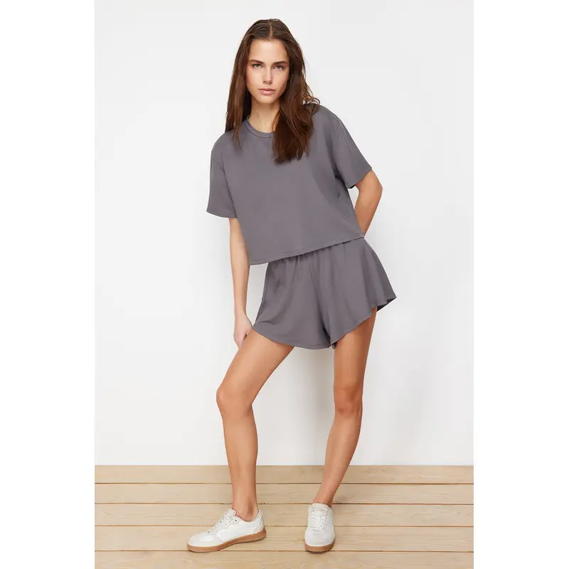 Women's Grau Unifarben Short Casual Relaxed Two-Piece Set