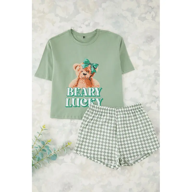 Women's 2 Pack Green Animals Short Lounge/home Regular Pajama Set