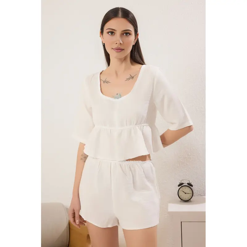 Women's Ecru Straight Long Lounge/home Regular Pajama Set