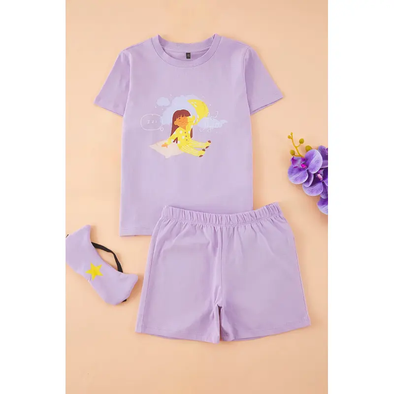 kds Girls Purple Printed Short Casual/daily Regular Pajama Set