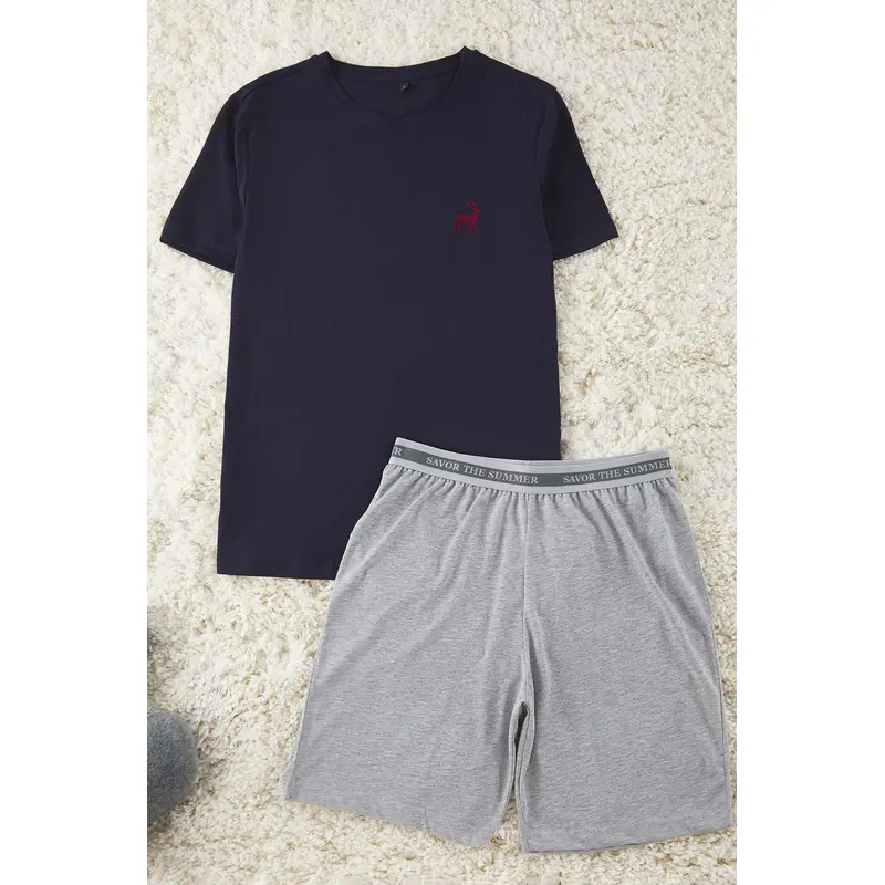 Man Men's Navy Blue Straight Short Homewear Slim Pajama Set