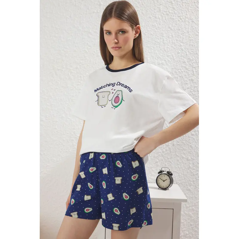 Women's 2 Pack Ecru Printed Short Lounge/home Regular Pajama Set