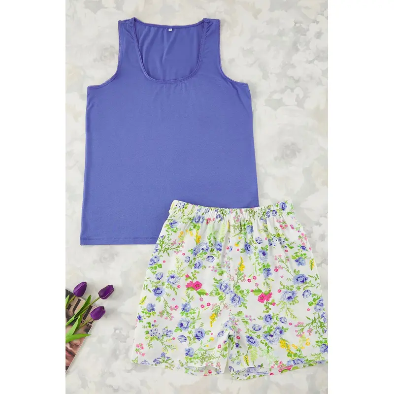 Curve Women's Very Colorful Flowering Sleeveless Regular Plus Size Pajama Set