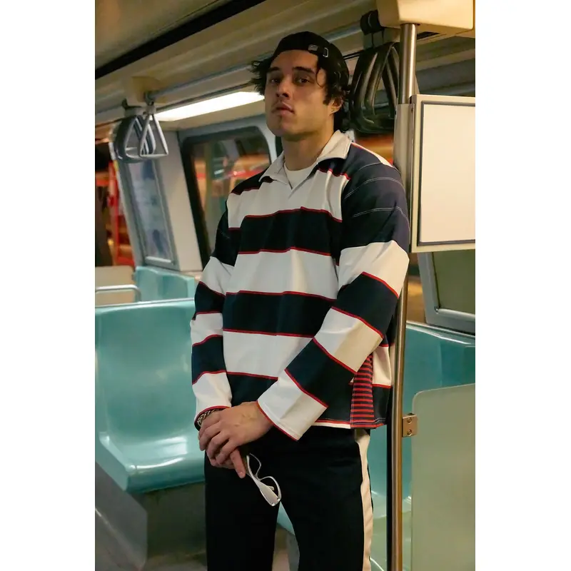 Man Men's Navy Blue Striped Long Oversized Sweatshirt
