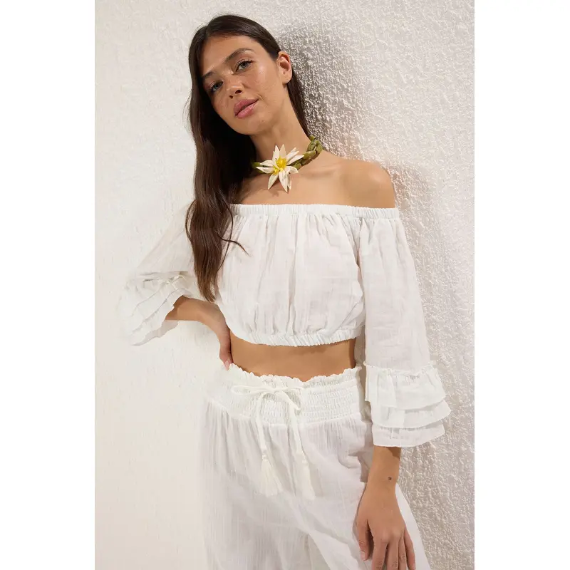 Women's Ecru Straight Long Beachwear Fitted Two Piece Sets