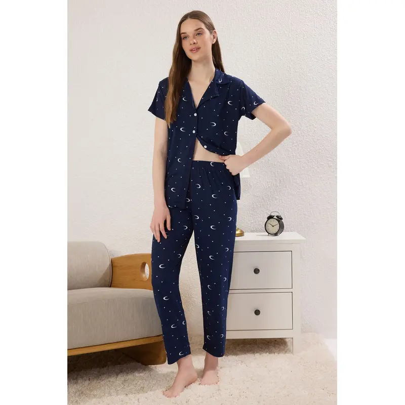 Women's Navy Blue Galaxy Short Lounge/home Regular Pajama Set