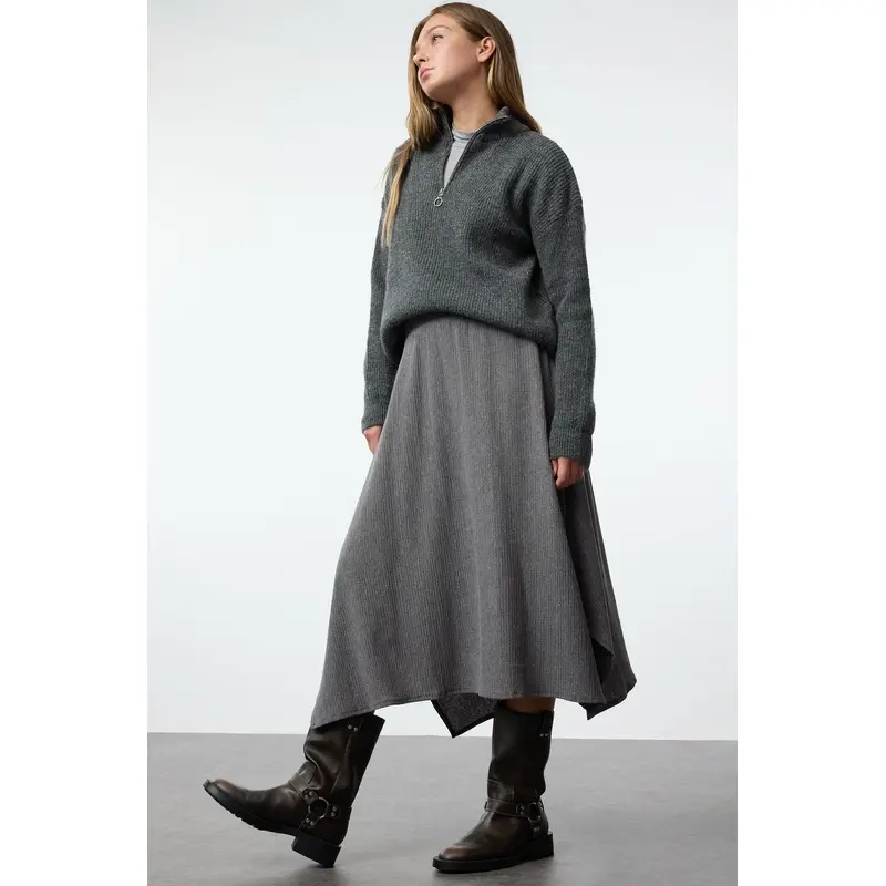 Women's Grey Straight Midi A-Line Slim Skirt