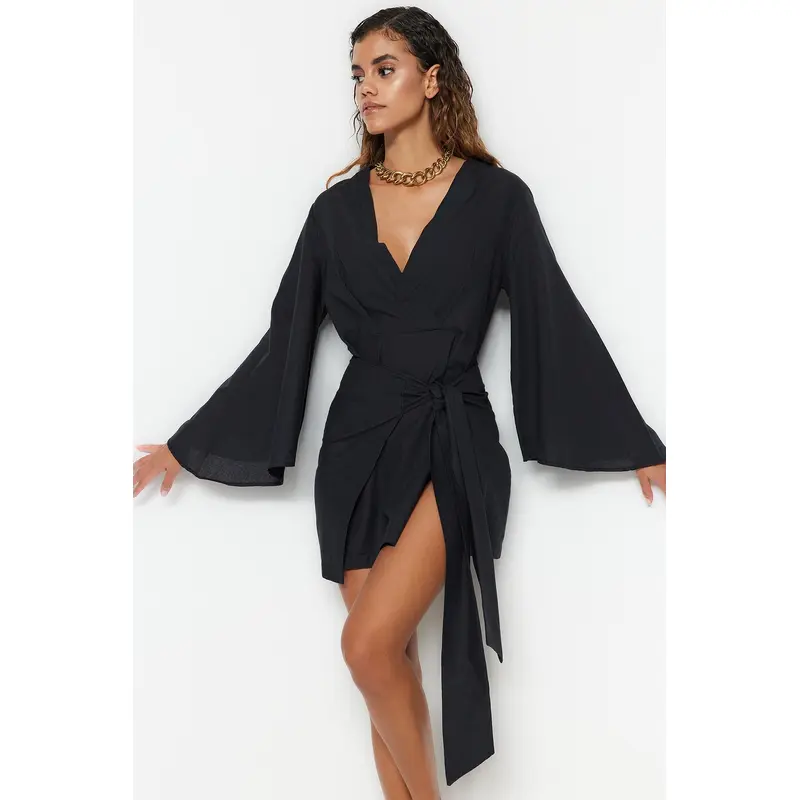 Tie Detailed Linen Look Beach Dress Tbess21El3208