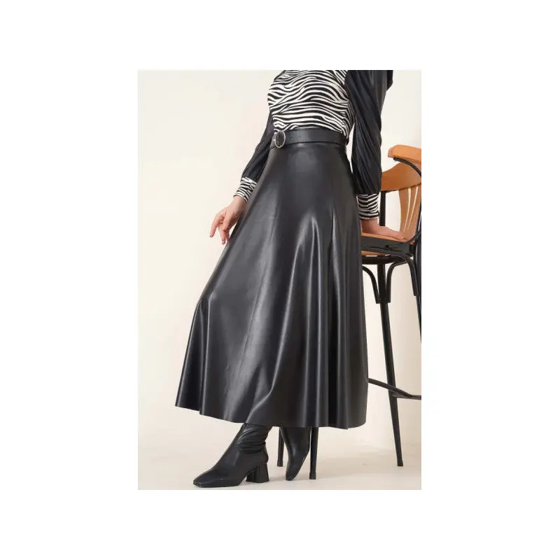 Flared Leather Skirt Black