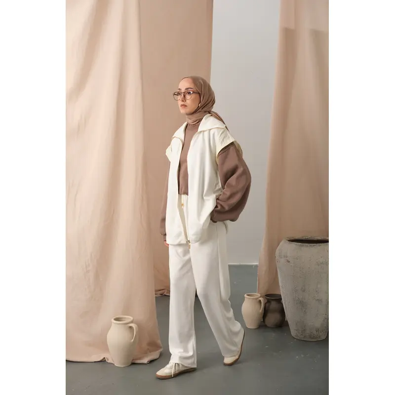 Trim Detail Vest Set  Ecru