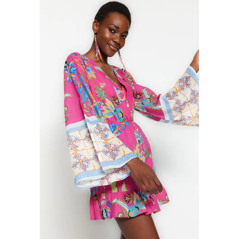 Pink Floral Print Voile Beach Dress TBESS23EL00030