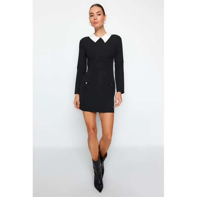 Black Collar Detailed Woven Dress TWOAW24EL00298