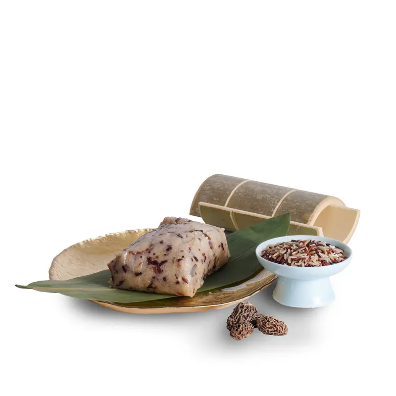 Shang Palace Morel Mushrooms, Imperial Fungusand Assorted Mushrooms with FiveGrains Dumplingserved in Bamboo Voucher (1pc)