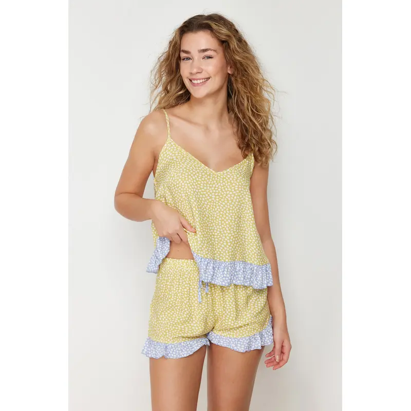 Women's Yellow Polka Dot Suspended Lounge/home Regular Pajama Set