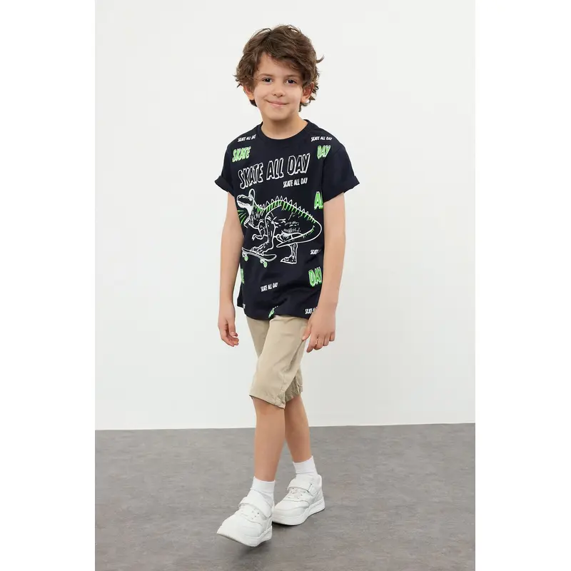kds Boys Dark Blue Print Short Regular Fit T-Shirts