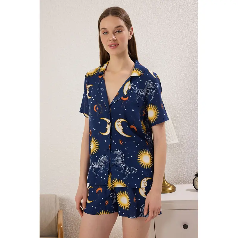 Women's 2 Pack Navy Blue Galaxy Short Lounge/home Regular Pajama Set