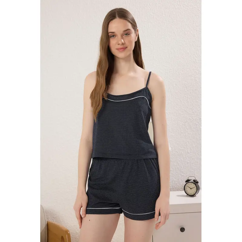 Women's Navy Blue Striped Hanging Lounge/home Regular Pajama Set