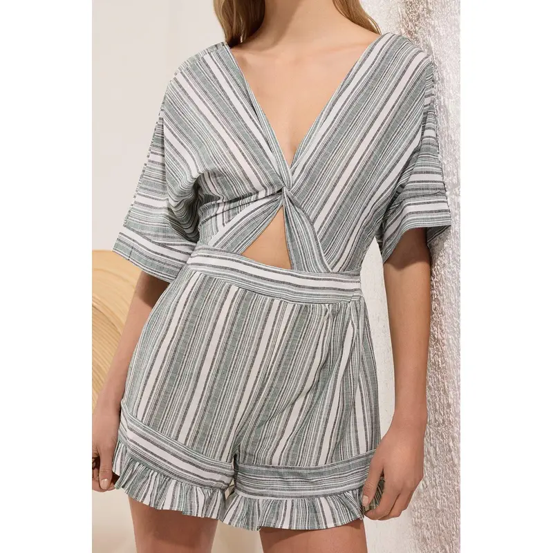 Women's Green Striped Short Beachwear Regular Overalls