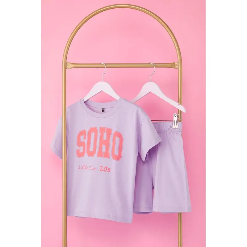kds Girls Purple Slogan Short Casual/daily Oversize Two Piece Sets