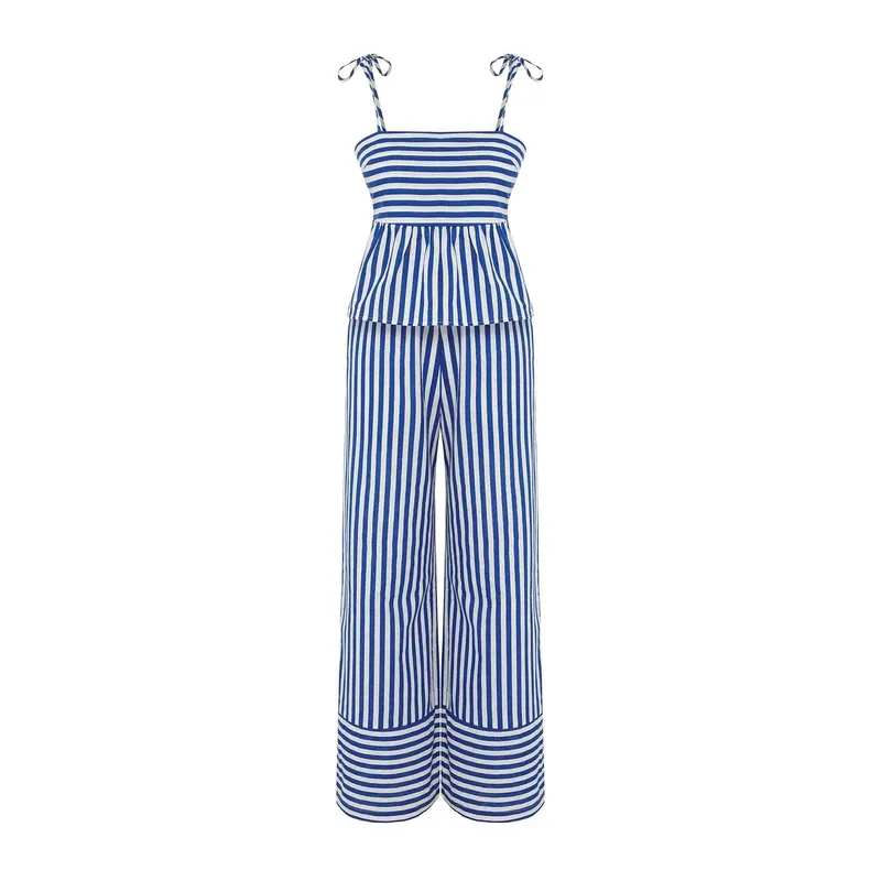 Women's White Striped Spaghetti Strap Beachwear Fitted Two Piece Sets
