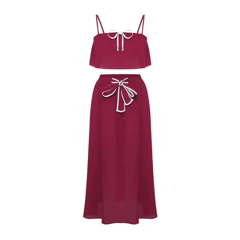 Women's Burgundy Straight Three Quarter Sleeve Beachwear Oversized Two Piece Sets