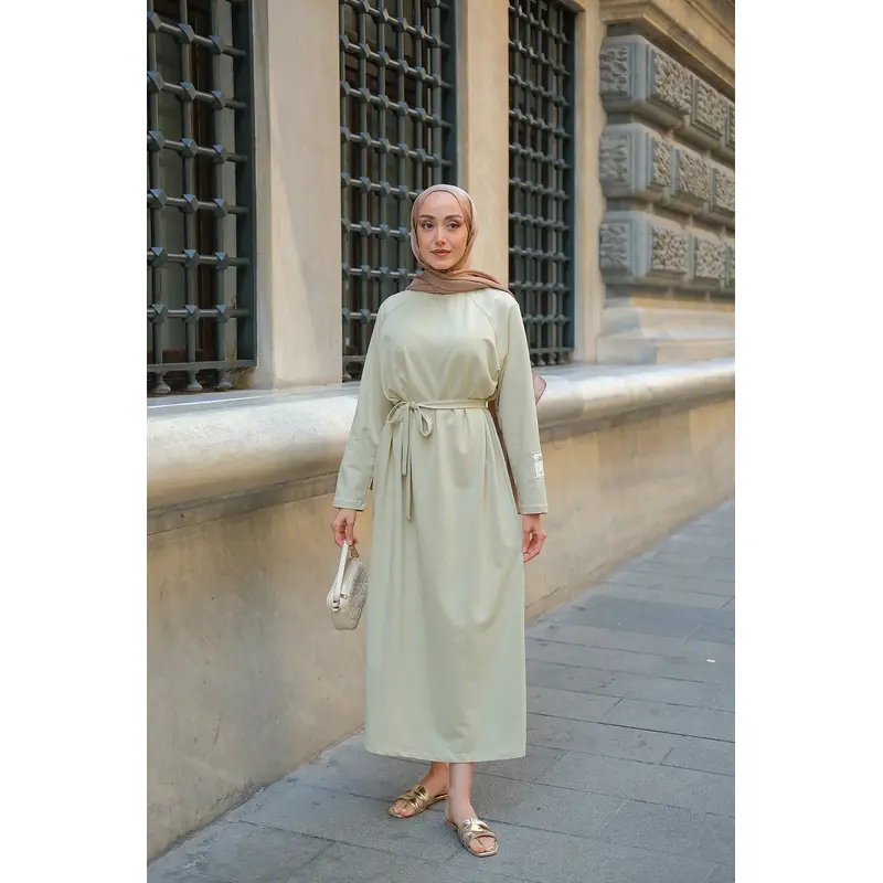 Crew Neck Dress With Sleeve Patch Detail - Light Green